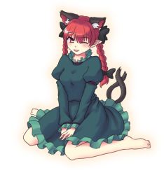 Rule 34 | 1girl, ;d, animal ear fluff, animal ears, barefoot, between legs, black bow, blush, bow, braid, breasts, cat ears, cat tail, dress, extra ears, frills, full body, green dress, hair bow, hair ribbon, hand between legs, happy, isaki (gomi), juliet sleeves, kaenbyou rin, long hair, long sleeves, looking at viewer, multiple tails, nekomata, one eye closed, open mouth, petticoat, pointy ears, puffy sleeves, ribbon, simple background, sitting, small breasts, smile, solo, tail, toes, touhou, tress ribbon, twin braids, twintails, two tails, v arms, wariza, white background