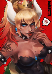 Rule 34 | 1girl, absurdres, bare shoulders, blonde hair, blue eyes, bowsette, bracelet, breasts, collar, crown, dress, highres, horns, jewelry, large breasts, mario (series), monori rogue, new super mario bros. u deluxe, nintendo, ponytail, spiked bracelet, spiked collar, spikes, super crown