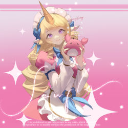 Rule 34 | 1girl, asami okutoshioku, blonde hair, blue bow, blue bowtie, bow, bowtie, cafe cuties soraka, cropped torso, drill hair, gradient background, hands up, highres, holding, horns, league of legends, long hair, long sleeves, maid, maid headdress, official alternate costume, pink background, pink eyes, pointy ears, single horn, smile, solo, soraka (league of legends), star (symbol), twin drills, twintails