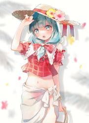 Rule 34 | 1girl, absurdres, alternate costume, bag, bow, bracelet, commentary request, cowboy shot, flower, front ponytail, green eyes, green hair, hair bow, hand up, hat, hat flower, hat ribbon, hibiscus, highres, holding, holding bag, jewelry, kagiyama hina, midriff, nail polish, navel, nig 18, open mouth, palm leaf, petals, plaid, plaid bow, plaid shirt, red bow, red nails, red ribbon, red shirt, ribbon, sarong, shirt, solo, straw hat, touhou, white background