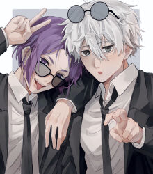 Rule 34 | 2boys, :o, absurdres, bespectacled, black jacket, black necktie, blue lock, border, collared shirt, commentary, eyewear on head, formal, fuyutsuki, glasses, hair between eyes, highres, jacket, lapels, long sleeves, male focus, mikage reo, monochrome, multiple boys, nagi seishirou, necktie, notched lapels, open collar, open mouth, purple eyes, purple hair, round eyewear, shirt, short hair, suit, teeth, tongue, tongue out, upper body, upper teeth only, v, white border, white shirt