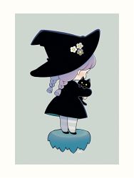 Rule 34 | :3, animal, ayu (mog), bad id, bad pixiv id, black cat, black dress, black footwear, black hat, border, braid, brown hair, cat, daisy, dress, flower, from behind, grass, grey pantyhose, hat, hat flower, highres, holding, holding animal, holding cat, looking at viewer, original, pantyhose, shoes, signature, standing, striped clothes, striped pantyhose, twin braids, twintails, white border, white flower, witch, witch hat