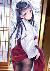 Rule 34 | 1girl, ass, bad id, bad pixiv id, black hair, black pantyhose, blush, closed mouth, commentary request, from behind, hakama, hakama skirt, highres, japanese clothes, kimono, kobayashi chisato, lifted by self, long hair, looking at viewer, looking back, miko, original, panties, panties under pantyhose, pantyhose, purple eyes, red hakama, red skirt, resolution mismatch, revision, school uniform, shirt, skirt, snowing, solo, source smaller, standing, straight hair, thighband pantyhose, underwear, white shirt