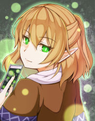 Rule 34 | 1girl, blonde hair, brown shirt, card, closed mouth, commentary request, green eyes, half updo, highres, holding, holding card, looking at viewer, looking back, medium hair, mizuhashi parsee, pointy ears, rishi (ugati028), scarf, shirt, smile, solo, spell card, touhou, upper body, white scarf