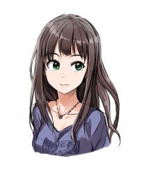 Rule 34 | 10s, 1girl, brown hair, green eyes, idolmaster, idolmaster cinderella girls, jewelry, long hair, looking to the side, necklace, portrait, shibuya rin, shirt, simple background, sketch, solo, t-shirt, tachibana roku, white background