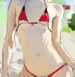 Rule 34 | 1girl, bikini, breasts, kawakami rokkaku, navel, original, red bikini, sketch, small breasts, solo, standing, swimsuit, torso, ushijima iiniku