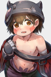 Rule 34 | 1boy, :d, absurdres, android, aq gohan, brown eyes, brown hair, cape, collar, collarbone, commentary request, damaged, facial mark, facial tattoo, fake horns, fang, green shorts, groin, hair between eyes, helmet, highres, horned helmet, horns, looking at viewer, made in abyss, male focus, mechanical arms, mechanical hands, metal collar, multicolored clothes, multicolored shorts, navel, neck, nipples, open mouth, pointy ears, purple shorts, red cape, regu (made in abyss), robot, sharp teeth, shorts, simple background, single mechanical hand, slit pupils, smile, solo, standing, tattoo, teeth, topless male, upper body, white background