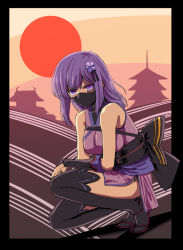 Rule 34 | 1girl, architecture, bare shoulders, black border, black sash, black thighhighs, border, bracer, breasts, copyright request, covered mouth, east asian architecture, hair ornament, ishii hisao, large breasts, looking at viewer, mask, mouth mask, ninja, ninja mask, obi, purple eyes, purple hair, ringed eyes, sandals, sash, solo, squatting, sun, thighhighs, virtual youtuber
