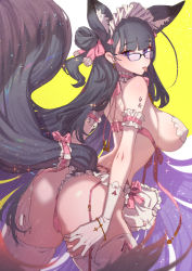 Rule 34 | animal ear fluff, animal ears, ass, back, bare shoulders, black hair, blunt bangs, blush, breasts, cameltoe, clothing request, commentary, commentary request, covered erect nipples, eyeliner, fox ears, fox tail, frills, glasses, gloves, large breasts, lingerie, long hair, looking at viewer, makeup, original, panties, pink panties, purple eyes, simple background, tail, tajima ryuushi, thighhighs, tongue, tongue out, underwear, white background, white gloves, yellow background