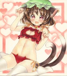 Rule 34 | 1girl, animal ears, bell, bra, breasts, brown hair, cat cutout, cat ear panties, cat ears, cat girl, cat lingerie, cat tail, chen, choker, cleavage, cleavage cutout, clothing cutout, earrings, fang, hat, heart, highres, jewelry, jingle bell, looking at viewer, marker (medium), meme attire, mob cap, mugicha (mugicha0929), multiple tails, navel, neck bell, nekomata, open mouth, panties, paw pose, pink eyes, red bra, red panties, side-tie panties, single earring, sitting, small breasts, smile, solo, tail, thighhighs, touhou, traditional media, two tails, underwear, underwear only, wariza, white thighhighs