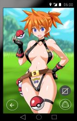 Rule 34 | 10s, 1girl, alternate color, blue eyes, breasts, brown hair, copyright name, creatures (company), fake screenshot, female focus, fingerless gloves, game freak, gloves, gym leader, konno tohiro, large breasts, legs, looking down, misty (pokemon), nintendo, one-piece swimsuit, poke ball, poke ball (basic), pokemon, pokemon: the electric tale of pikachu, pokemon go, ponytail, pubic tattoo, shiny skin, short hair, side ponytail, slingshot swimsuit, smile, solo, swimsuit, tattoo, thighs, wide hips