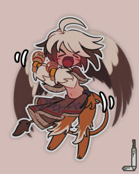 Rule 34 | &gt; &lt;, &gt;o&lt;, 1girl, :d, ahoge, animal hands, brown hair, capelet, chibi, dancing, facial mark, feathered wings, full body, griffin, griffon (monster girl encyclopedia), happy, highres, holding, loen, monster girl, monster girl encyclopedia, multicolored hair, navel, open mouth, simple background, skirt, smile, solo, tail, two-tone hair, waist cape, white hair, wings, xd