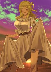 Rule 34 | 1girl, absurdres, artist name, artist request, bare legs, belt, blonde hair, blue sky, blush, braid, breasts, brown belt, brown eyes, cloud, collarbone, crown braid, day, dress, closed eyes, female focus, green eyes, hair rings, highres, holding, holding clothes, holding skirt, looking at viewer, love live!, love live! sunshine!!, medium breasts, mountain, ocean, ohara mari, orange sky, orien, outdoors, parted lips, puffy short sleeves, puffy sleeves, short hair, short sleeves, skirt, sky, smile, solo, sundress, sunset, white dress, white skirt, yellow eyes