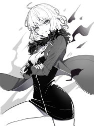 Rule 34 | 1girl, ahoge, breasts, cleavage, crossed arms, dress, fate/apocrypha, fate/grand order, fate (series), fur-trimmed jacket, fur-trimmed sleeves, fur trim, greyscale, hair between eyes, head tilt, jacket, jeanne d&#039;arc (fate), jeanne d&#039;arc alter (fate), jeanne d&#039;arc alter (ver. shinjuku 1999) (fate), long sleeves, medium breasts, monochrome, official alternate costume, open clothes, open jacket, parted lips, ririko (zhuoyandesailaer), smile, solo, white background, wicked dragon witch ver. shinjuku 1999