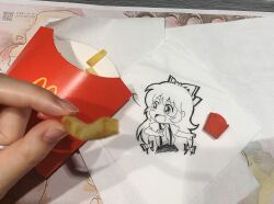 Rule 34 | 1girl, arms up, blush, bow, collared shirt, commentary, food, french fries, fujiwara no mokou, hair bow, highres, jokanhiyou, long hair, mcdonald&#039;s, napkin, no nose, open mouth, photo (medium), puffy short sleeves, puffy sleeves, shirt, short sleeves, sketch, solo, suspenders, symbol-only commentary, touhou, traditional media, unconventional media