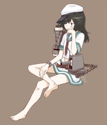 Rule 34 | 10s, 1girl, barefoot, black hair, brown background, crossed legs, dated, eyepatch, green eyes, hand on own cheek, hand on own face, hat, head rest, headrest, kantai collection, kawashina (momen silicon), kiso (kancolle), long hair, navel, personification, sailor collar, sailor hat, simple background, sitting, skirt, solo
