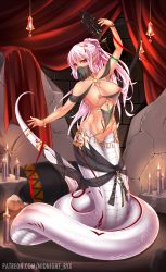 Rule 34 | 1girl, armlet, armpits, belly chain, blush, bracelet, breasts, candle, cleft of venus, closed mouth, collarbone, commentary, curtains, dancer, earrings, facial mark, full body, glint, gold choker, groin, hair between eyes, hair ornament, hand fan, highres, holding, holding fan, jewelry, lamia, lamp, large breasts, lipstick, long hair, looking at viewer, makeup, midnight (banyex), mole, mole under eye, monster girl, mouth veil, navel, nipple piercing, nipple rings, nipples, o-ring, original, patreon username, piercing, pillow, pink hair, pointy ears, ponytail, pussy, red eyes, revealing clothes, ring, scales, shawl, sidelocks, slit pupils, solo, stomach, stomach tattoo, sweat, tail, tattoo, veil, watermark, web address