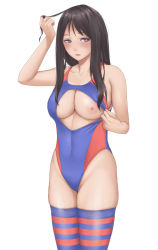 Rule 34 | 1girl, black hair, blush, breasts, collarbone, covered erect nipples, cowboy shot, groin, twirling hair, helpig, highleg, highleg swimsuit, highres, large breasts, long hair, looking at viewer, nipples, one-piece swimsuit, original, parted lips, purple eyes, simple background, skindentation, solo, standing, striped clothes, striped thighhighs, swimsuit, thighhighs, white background