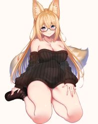 Rule 34 | 1girl, absurdres, animal ear fluff, animal ears, ankle boots, bare shoulders, blush, boots, breasts, cleavage, closed mouth, collarbone, commentary request, covered navel, dress, fingernails, fox ears, fox girl, fox tail, full body, glasses, highres, jewelry, large breasts, lips, long hair, long sleeves, looking at viewer, masaoka misaki, necklace, off-shoulder dress, off shoulder, original, ribbed dress, semi-rimless eyewear, shiny skin, simple background, sitting, smile, solo, sweater, sweater dress, tail, thighs, white background