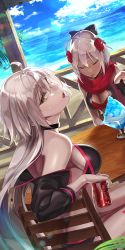 Rule 34 | 2girls, ahoge, akamiso (k074510), bikini, black bikini, black bow, black choker, black jacket, blue sky, bow, can, chair, choker, coca-cola, cropped jacket, day, drink can, fate/grand order, fate (series), flower, food, hair bow, hair flower, hair ornament, highres, holding, holding can, jacket, jeanne d&#039;arc alter (swimsuit berserker) (fate), jeanne d&#039;arc (fate), jeanne d&#039;arc alter (fate), jeanne d&#039;arc alter (swimsuit berserker) (fate), long hair, multiple girls, okita souji (fate), okita souji alter (fate), okita souji alter (first ascension) (fate), outdoors, red flower, red scarf, scarf, shaved ice, shrug (clothing), sitting, sky, soda can, swimsuit, table, tassel, white hair, yellow eyes