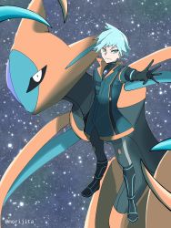 Rule 34 | 1boy, 1other, absurdres, black footwear, black gloves, boots, closed mouth, coat, commentary request, creatures (company), deoxys, deoxys (attack), game freak, gen 3 pokemon, gloves, green coat, green eyes, green hair, highres, jayj 824, male focus, mythical pokemon, nintendo, official alternate costume, outdoors, outstretched arm, pokemon, pokemon (creature), pokemon masters ex, short hair, smile, space, split mouth, standing, steven stone, steven stone (sygna suit), twitter username