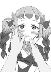 Rule 34 | 1girl, 1other, blush, bow, braid, clothing cutout, copyright request, dot nose, fingernails, gradient hair, greyscale, hair bow, highres, looking at viewer, monochrome, multicolored hair, osame, pov, pov hands, simple background, solo focus, twin braids, twintails, upper body, white background