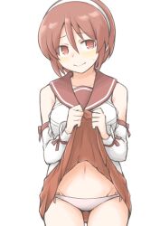 Rule 34 | 1girl, akara kai, blush, breasts, brown eyes, brown hair, brown neckerchief, clothes lift, detached sleeves, gluteal fold, hairband, headband, highres, kantai collection, large breasts, lifted by self, looking at viewer, natori (kancolle), neckerchief, panties, pleated skirt, red skirt, sailor collar, school uniform, serafuku, short hair, skirt, skirt lift, solo, stomach, underwear, white hairband, white panties