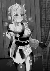 1girl blunt_bangs blush breasts fate/grand_order fate_(series) greyscale hair_ornament hair_ribbon highres izumo_no_okuni_(fate) izumo_no_okuni_(first_ascension)_(fate) japanese_clothes kimono long_hair long_sleeves looking_at_viewer medium_breasts monochrome multicolored_hair pleated_skirt ribbon rope_belt sash short_kimono sidelocks skirt smile solo split-color_hair textless_version thighhighs thighs two-tone_hair wakamochi-ta wide_sleeves