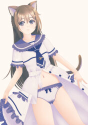 Rule 34 | 1girl, animal ears, blue eyes, blue neckerchief, bow, bow panties, brown hair, cat ears, cat tail, closed mouth, collar, commentary, cowboy shot, dress, dutch angle, frilled collar, frilled dress, frilled panties, frilled sleeves, frills, highres, jou (circlemay), kemonomimi mode, lace, lace-trimmed panties, lace trim, long hair, looking at viewer, love live!, love live! nijigasaki high school idol club, medium dress, navel, neckerchief, open clothes, open dress, opened by self, osaka shizuku, panties, school uniform, simple background, smile, solo, standing, tail, underwear, white background, white dress, white panties