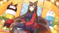 Rule 34 | 1girl, amagi (azur lane), animal ears, azur lane, bag, blunt bangs, blush, bodystocking, breasts, bridal gauntlets, brown hair, closed mouth, coat, commentary request, cowboy shot, fox ears, fox girl, fox tail, handbag, highres, japanese clothes, kadomatsu, kimono, large breasts, long hair, looking at viewer, multiple tails, new year, purple eyes, purple kimono, red coat, ru-ne, sakuramon, sidelocks, sitting, smile, solo, sparkle, stage, stage lights, tail, thick eyebrows, unmoving pattern, wide sleeves, wristband