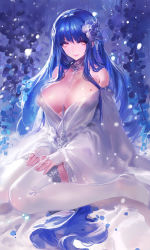 Rule 34 | 1girl, bare shoulders, between breasts, blue hair, breasts, bridal gauntlets, cleavage, covered erect nipples, dress, female focus, flower, gloves, gradient background, hair flower, hair ornament, highres, kishiyo, large breasts, long hair, long sleeves, looking at viewer, mole, mole on breast, no bra, off shoulder, original, red eyes, sitting, solo, thighhighs, very long hair, wariza, white dress, white thighhighs, wide sleeves, zettai ryouiki