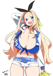 Rule 34 | 1girl, :d, artist name, belt, blonde hair, blue eyes, breasts, cheerleader, cleavage, clothes writing, dated, english text, front-tie top, highres, huge breasts, long hair, navel, open mouth, original, pom pom (cheerleading), profanity, short shorts, shorts, signature, smile, solo, toudori, very long hair
