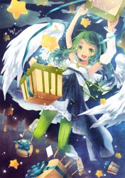 Rule 34 | 1girl, :d, angel wings, armpits, arms up, box, daphine78805, flying, gift, gift box, green eyes, green hair, happy, long hair, open mouth, original, pantyhose, ribbon, sandals, smile, star (symbol), striped clothes, striped legwear, striped pantyhose, vertical-striped clothes, vertical-striped legwear, vertical-striped pantyhose, wings
