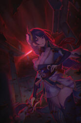 Rule 34 | 1girl, absurdres, armor, blunt bangs, braid, breasts, bridal gauntlets, cleavage, collarbone, commentary request, danjdung, dark, eyelashes, genshin impact, gloves, glowing, hair ornament, highres, holding, holding sword, holding weapon, japanese clothes, kimono, long hair, looking at viewer, low-braided long hair, low-tied long hair, low ponytail, medium breasts, mitsudomoe (shape), mole, mole under eye, obi, obiage, obijime, off shoulder, open mouth, parted lips, pauldrons, purple eyes, purple hair, purple kimono, purple nails, raiden shogun, sash, shoulder armor, shrug (clothing), sidelocks, single braid, single pauldron, solo, sword, tassel, thighhighs, thighs, tomoe (symbol), torii, vision (genshin impact), weapon, wide sleeves