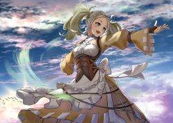 Rule 34 | 1girl, absurdres, blonde hair, breasts, cloud, cloudy sky, commission, fire emblem, fire emblem awakening, grey eyes, hamanashi (trapiorra), highres, lissa (fire emblem), looking to the side, nintendo, open mouth, outdoors, outstretched arms, skeb commission, sky, small breasts, twintails, upper body, wind