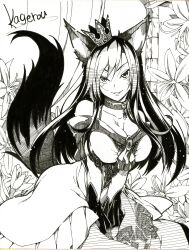 Rule 34 | 1girl, absurdres, animal ears, bamboo, breasts, character name, cleavage, collar, crown, dress, english text, flower, greyscale, highres, imaizumi kagerou, ishida kazuma, large breasts, long hair, looking at viewer, monochrome, off-shoulder dress, off shoulder, outdoors, parted lips, shikishi, smile, solo, tail, touhou, traditional media, wolf ears, wolf girl, wolf tail