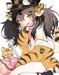 Rule 34 | 1girl, :d, animal ears, animal print, bare shoulders, black choker, black hair, black headwear, bone, byulzzi, choker, ears through headwear, fang, hand up, jacket, long hair, long sleeves, looking at viewer, no bra, off shoulder, open clothes, open jacket, open mouth, orange jacket, original, smile, solo, tail, thighs, tiger, tiger ears, tiger print, tiger tail, twintails, v-shaped eyebrows, whistle, whistle around neck, yellow eyes