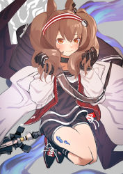Rule 34 | 1girl, angelina (arknights), animal ears, arknights, bag, blush, brown eyes, brown hair, closed mouth, coat, duffel bag, ert raitsui, fox ears, fox girl, gloves, highres, holding, holding hair, infection monitor (arknights), jacket, material growth, oripathy lesion (arknights), shorts, solo, twintails, wavy mouth