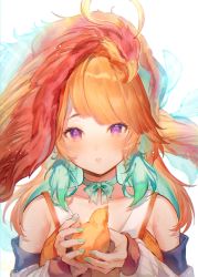 1girl, absurdres, bangs, bird, blush, breasts, detached sleeves, earrings, eyebrows visible through hair, feathers, gradient hair, green hair, hat, highres, holding, hololive, hololive english, jewelry, looking at viewer, modoki kuma, multicolored hair, open mouth, orange hair, phoenix, purple eyes, smile, solo, takanashi kiara, virtual youtuber