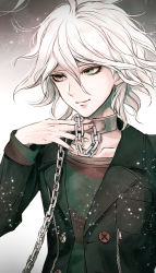 Rule 34 | 1boy, ahoge, black jacket, brown shirt, chain, chained, closed mouth, collar, collarbone, commentary request, danganronpa (series), danganronpa another episode: ultra despair girls, gradient background, green eyes, grey hair, hair between eyes, jacket, komaeda nagito, long sleeves, looking to the side, male focus, messy hair, metal collar, open clothes, open jacket, red shirt, sakuyu, servant (danganronpa), shirt, smile, solo, upper body