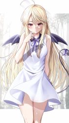 Rule 34 | 1girl, ahoge, arm behind back, bare legs, bare shoulders, bat wings, black wings, blonde hair, blue ribbon, blush, breasts, character request, copyright request, demon tail, dress, hand on own chin, highres, kiona (giraffe kiona), long hair, medium breasts, mini wings, neck ribbon, orange eyes, red eyes, ribbon, sleeveless, sleeveless dress, solo, standing, tail, very long hair, white dress, wings