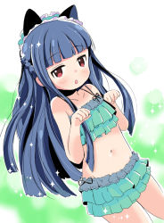 Rule 34 | 1girl, :o, animal ears, bikini, blue background, blue hair, blush, braid, cat ears, clenched hands, collarbone, commentary request, covered navel, dot nose, fake animal ears, flat chest, frilled hairband, frilled swimsuit, frills, green bikini, hairband, hands up, highres, idolmaster, idolmaster cinderella girls, lemon pan, long hair, looking at viewer, navel, parted lips, paw pose, red eyes, sajo yukimi, solo, sparkle, swimsuit, swimsuit skirt, thighs