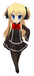Rule 34 | 1girl, black dress, black pantyhose, black ribbon, bow, bowtie, dress, full body, hair ribbon, hand on own hip, long sleeves, looking at viewer, pantyhose, quiz magic academy, red bow, red bowtie, ribbon, shalon, simple background, solo, standing, twintails, two side up, white background