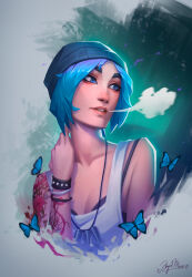 Rule 34 | 1girl, absurdres, angelmoonlight, arm tattoo, beanie, black bra, black hat, blue butterfly, blue eyes, blue hair, bra, bra strap, breasts, breath, bug, butterfly, chloe price, collarbone, hand on own neck, hat, highres, insect, jewelry, life is strange, looking to the side, medium hair, necklace, shoulder tattoo, signature, small breasts, solo, tank top, tattoo, underwear, upper body, white tank top