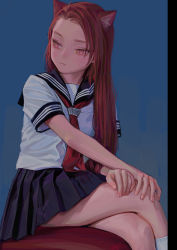 Rule 34 | 1girl, animal ears, artist name, bare arms, black skirt, blue background, cat ears, cat girl, closed mouth, crossed legs, feet out of frame, fkey, kneehighs, long hair, looking at viewer, looking away, looking to the side, miniskirt, neckerchief, original, pleated skirt, red eyes, red hair, red neckerchief, school uniform, serafuku, shirt, short sleeves, simple background, sitting, skirt, slit pupils, socks, solo, white shirt