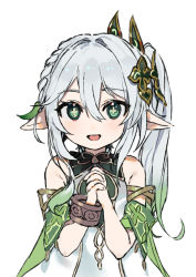 Rule 34 | 1girl, bracelet, child, cross-shaped pupils, detached sleeves, dress, genshin impact, gradient hair, green eyes, green hair, hair ornament, jewelry, leaf hair ornament, long hair, looking at viewer, multicolored hair, nahida (genshin impact), open mouth, pinch (nesume), pointy ears, side ponytail, smile, solo, symbol-shaped pupils, white background, white dress, white hair