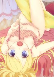 Rule 34 | 1girl, :o, bed, blonde hair, blue eyes, breasts, camisole, cleavage, covered erect nipples, downblouse, food, lingerie, long hair, lying, medium breasts, navel, on back, open mouth, original, panties, pocky, solo, striped clothes, striped panties, tachibana (pixiv), tachibana (tach011194), underwear, underwear only, upside-down