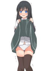 Rule 34 | 1girl, arm warmers, asashio (kancolle), bad id, bad twitter id, black hair, black thighhighs, blue eyes, blush, clothes lift, comiching, commentary, crying, grey skirt, highres, kantai collection, long hair, open mouth, panties, shirt, short sleeves, simple background, skirt, skirt lift, solo, standing, tears, thighhighs, underwear, white background, white panties, white shirt