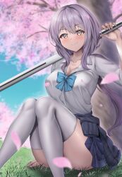 Rule 34 | 1girl, absurdres, blue ribbon, blush, breasts, cherry blossoms, chokoboll, cleavage, goddess of victory: nikke, grass, grey hair, highres, holding, holding sword, holding weapon, large breasts, outdoors, ribbon, scarlet (nikke), school uniform, shirt, sitting, skirt, smile, solo, sword, thighhighs, weapon, white shirt, yellow eyes