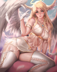 Rule 34 | 1girl, angel, angel wings, armband, artist name, blonde hair, blue eyes, breasts, cleavage, feathered wings, halo, highres, jewelry, large breasts, long hair, looking at viewer, original, sakimichan, shiny skin, sitting, smile, solo, spread legs, stomach bulge, thighhighs, wings